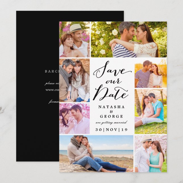 Modernes, stilvolles Script 8 Multi-Foto Save the  Einladung (Vorne/Hinten)