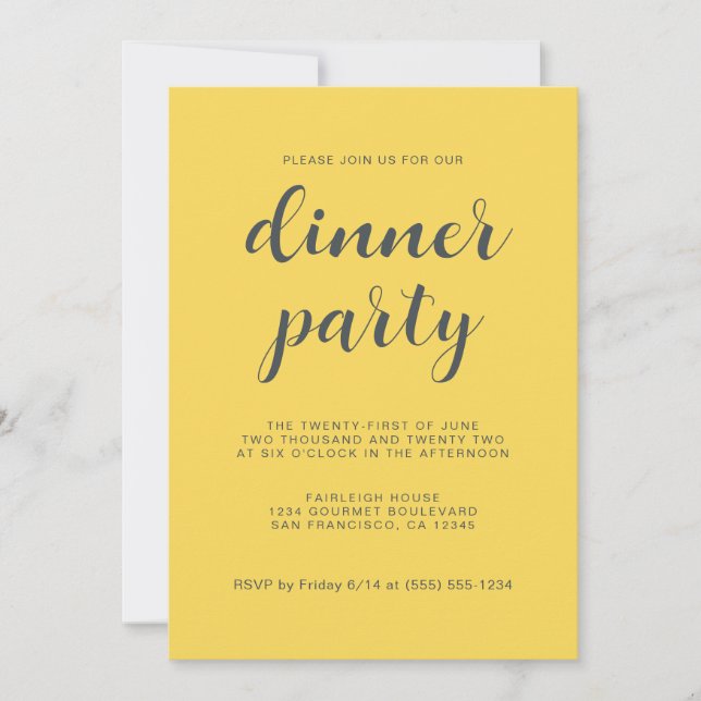Modernes, stilvolles Script Bright Yellow Dinner P Einladung (Vorderseite)