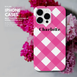 Modernes, stilvolles Simple Pink Gingham mit Namen Case-Mate iPhone 14 Pro Max Hülle