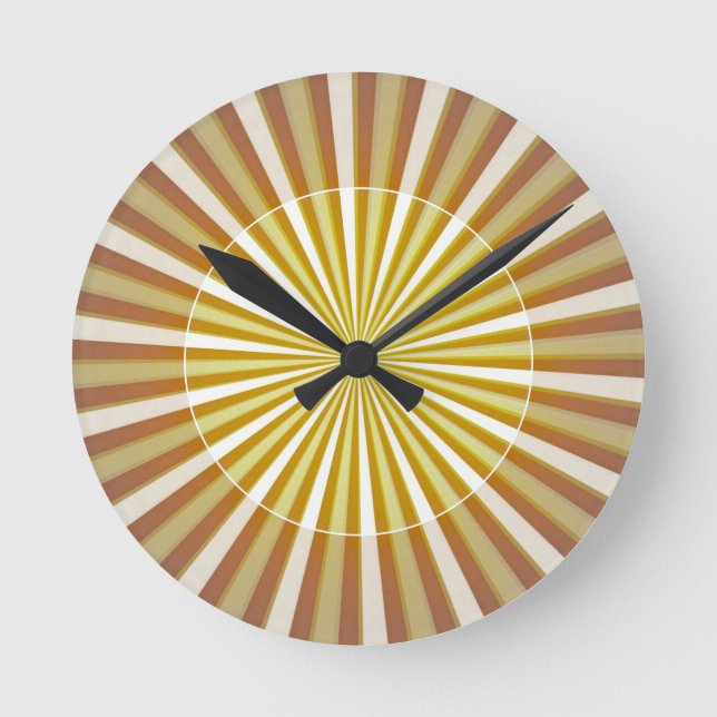 Modernes & stilvolles Sunburst Yellow & Brown Runde Wanduhr (Vorderseite)