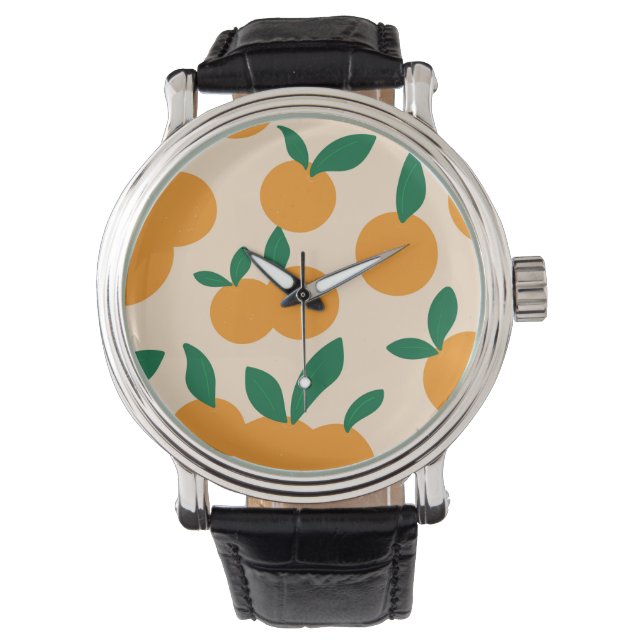 Modernes, stilvolles Zitrusfrüchte Orangen Muster Armbanduhr (Vorderseite)