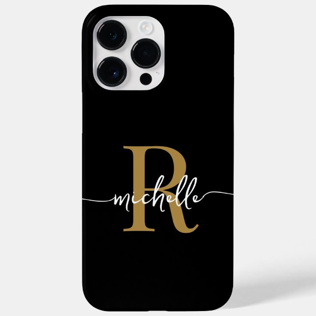 Modernes, stylisches Script BlackGold Monogram Ini Case-Mate iPhone 14 Pro Max Hülle (Rückseite)