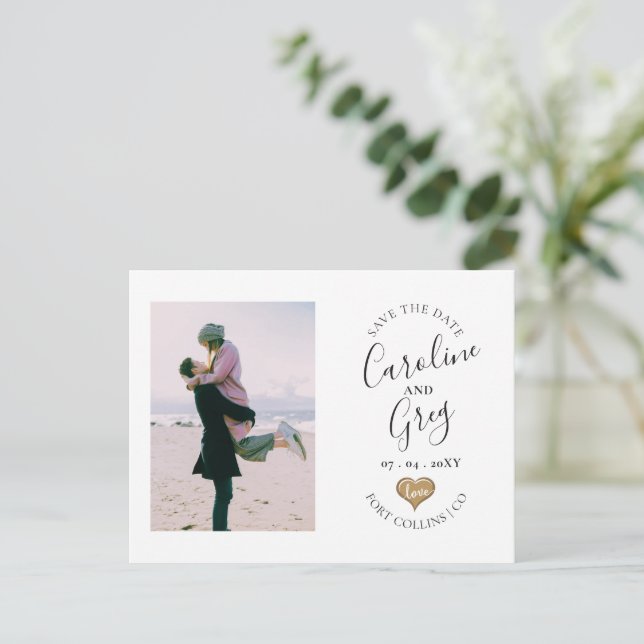 Modernes Stylisches Typografie-Foto der Liebe Save Ankündigungspostkarte (Stehend Vorderseite)
