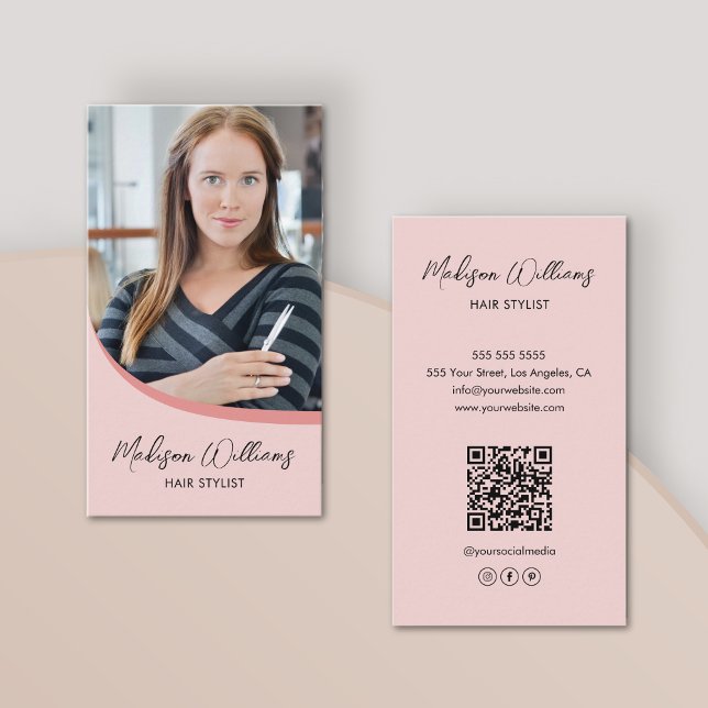 Modernes Stylist-Foto QR Pink Visitenkarte (Modern Hair Stylist Photo QR Pink Business Card)