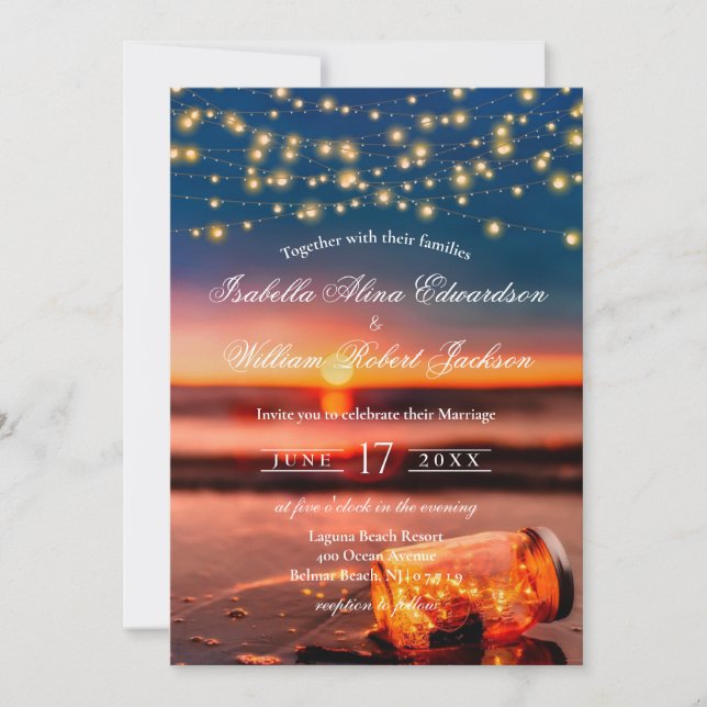 Modernes Summer Sunset Beach Mason Jar Wedding Einladung (Vorderseite)