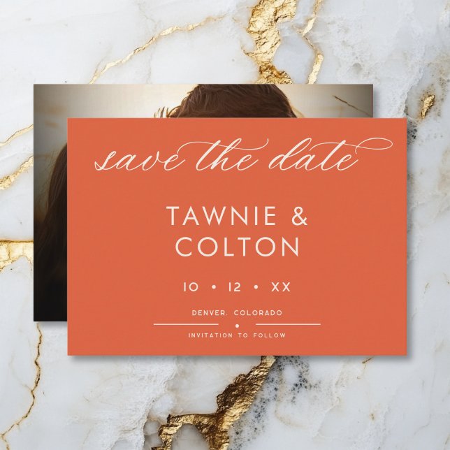 Modernes Sunset Orange Script Foto Minimal Wedding Save The Date (Modern Sunset Orange Minimal Wedding Save the Date Card)
