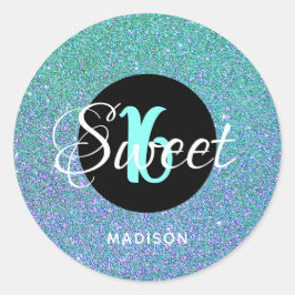 Modernes Sweet 16 Aquamarin Aqua Glitzer Personali Runder Aufkleber