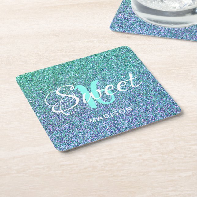 Modernes Sweet 16 Aquamarin Blue Glitzer Personali Rechteckiger Pappuntersetzer (angewinkelt)