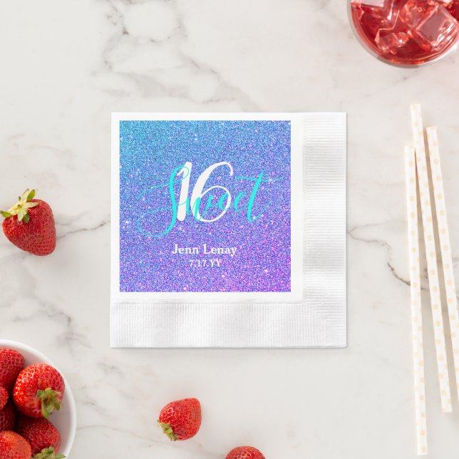 Modernes Sweet 16 Aquamariner Lila Glitzer Persona Serviette (Beispiel)