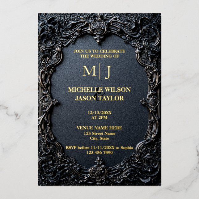 Modernes Tarot Gothic Black and Gold Monogram Folieneinladung (Vorderseite)