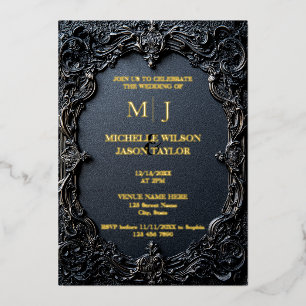 Modernes Tarot-Gotik Schwarz und Gold Monogramm Folieneinladung