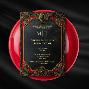 Modernes Tarot-Gotik Schwarz und Gold Monogramm Folieneinladung