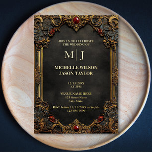 Modernes Tarot-Gotik Schwarz und Gold Monogramm Folieneinladung