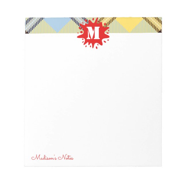 Modernes Tartan Red Splash Custom Script Monogram Notizblock (Vorderseite)