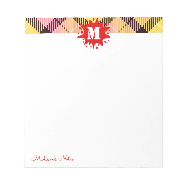 Modernes Tartan Red Splash Custom Script Monogram Notizblock (Vorderseite)