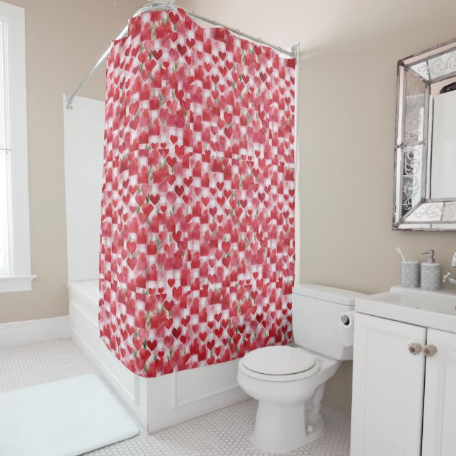 Modernes Tartan rotes Blumenmuster Duschvorhang (Beispiel)