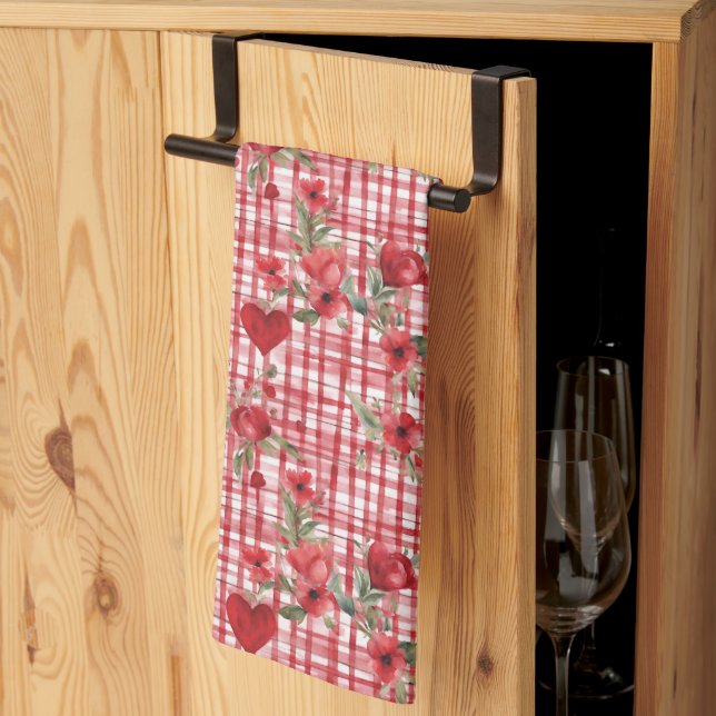 Modernes Tartan rotes Blumenmuster Geschirrtuch (Drittel gefaltet)