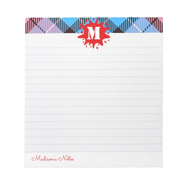 Modernes Tartan Splash Custom Script Monogram Line Notizblock (Vorderseite)
