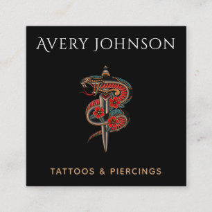Modernes Tattoo & Piercing Blumenschlange & Ritter Quadratische Visitenkarte