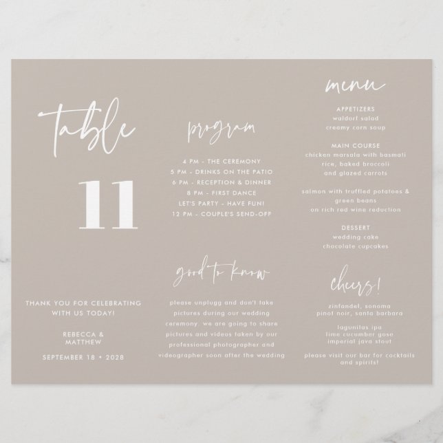 Modernes Taupe Wedding Menu Programm Trifold (Vorderseite)