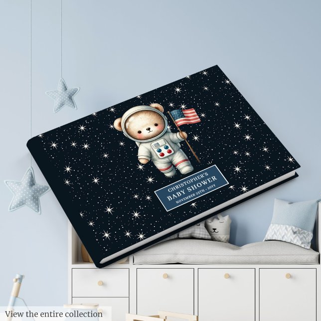 Modernes Teddy Bear Astronauten Baby Showroom Gästebuch (Modern Teddy Bear Astronaut Boy Baby Shower Log Guest Book)