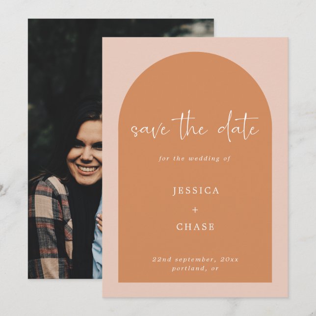 Modernes Terracotta Arch Foto Hochzeit Save The Date (Vorne/Hinten)