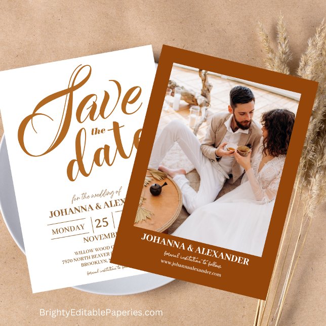 Modernes Terracotta Foto Boho Pampas Grass Wedding Save The Date (Experience the Charm of Pampas Grass with Our Modern Terracotta Boho Wedding Invitations.)