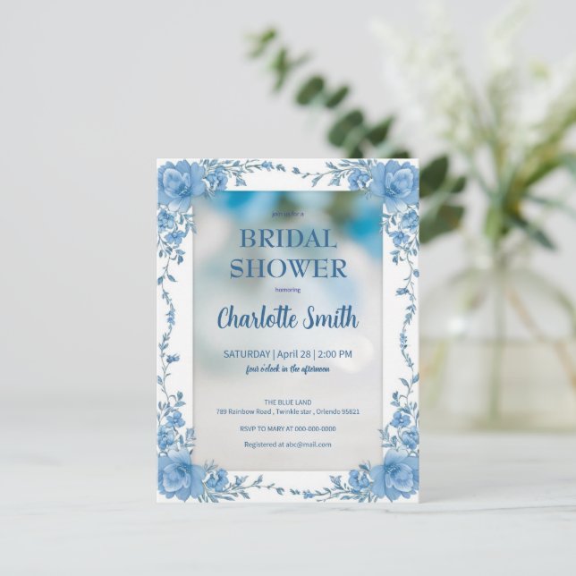 Modernes trendiges Blue Chinoiserie Brautparty Postkarte (Stehend Vorderseite)