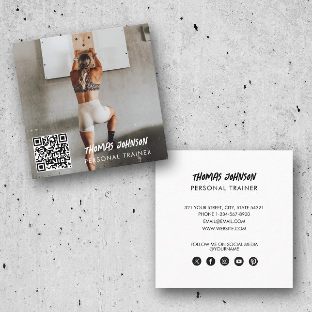 Modernes trendiges Personal Trainer Fitness Foto Quadratische Visitenkarte (Modern Trendy Personal Trainer Fitness Photo Square Business Card)