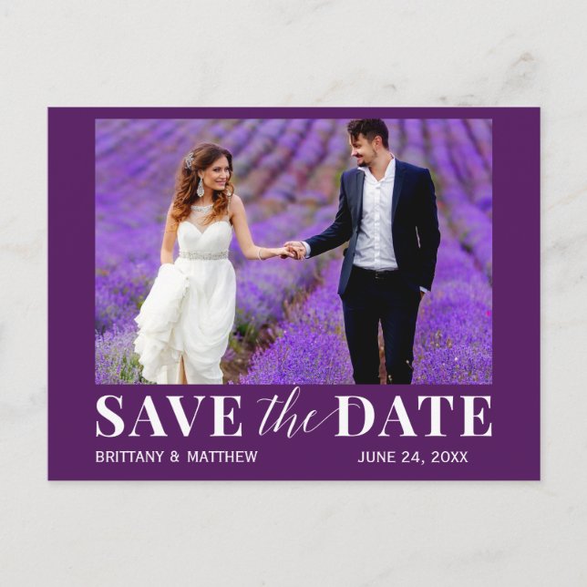 Modernes trendy Foto Save the Date Lila Postkarte (Vorderseite)