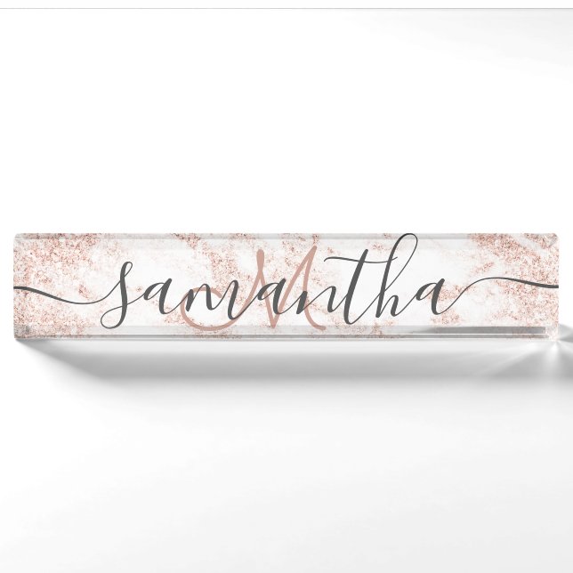 Modernes trendy RosengoldGlitter-Marmormonogramm Namensplakette (Vorderseite)
