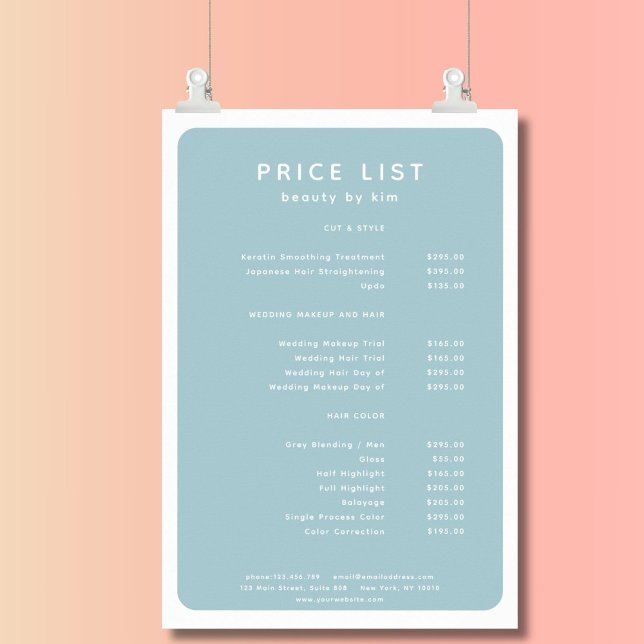 Modernes, trendy, Salon Price List Poster (Modern, simple, salon price list, blue- white. Prints & instant downloads.)