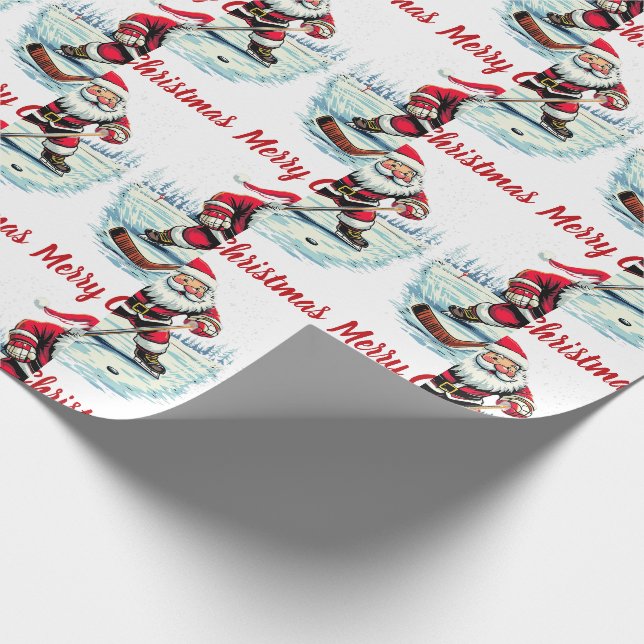 Modernes trendy Santa Playing Ice Hockey Geschenkpapier (Ecke)