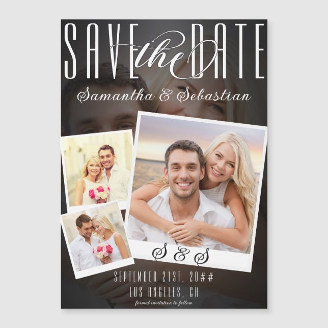 Modernes, trendy Script 3 Foto Wedding Save the Da Magneteinladung (Vorderseite)