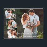 Modernes, trendy Script nur verheiratet 4 Foto Postkarte<br><div class="desc">Modernes,  trendiges Skript Hochzeit 4 Foto Just Married Announcement Postcard</div>