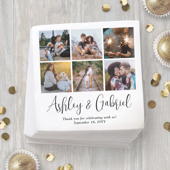 Modernes, trendy Script und 6 Foto Collage Wedding Serviette (Von Creator hochgeladen)