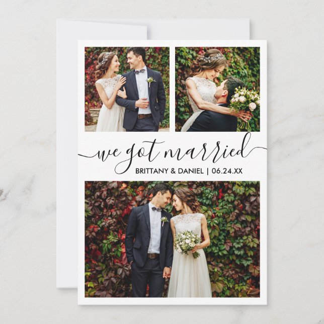Modernes, trendy Script Wir Got Verheiratet 3 Foto Ankündigung (Vorderseite)