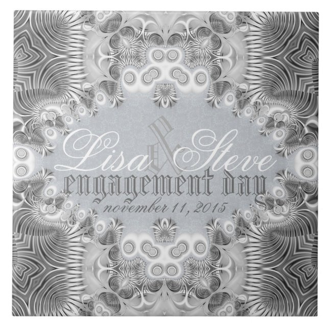Modernes Tribal Silver + Weiße Verlobung Souvenir Fliese (Vorderseite)