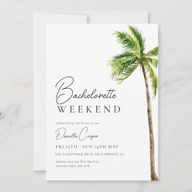Modernes Tropical Palm Bachelorette Wochenende Einladung (Vorderseite)