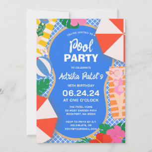 Modernes tropisches 16. Geburtstag Pool Party Einladung