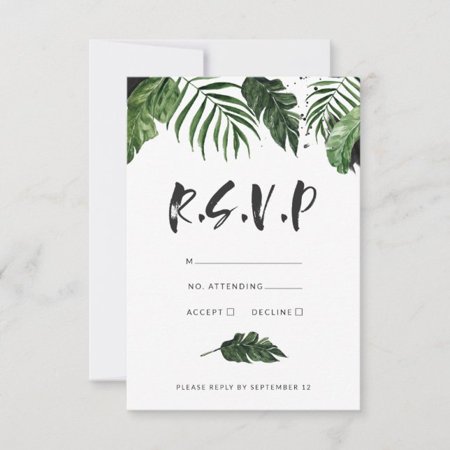 Modernes tropisches Blattwerk RSVP Karte (Vorderseite)