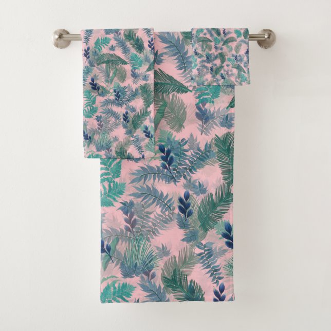 Modernes tropisches blaues Blattmuster Badhandtuch Set (Insitu)