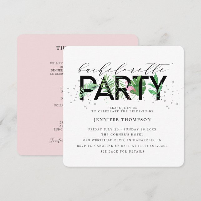 Modernes tropisches Flamingo Bachelorette Einladung (Vorne/Hinten)