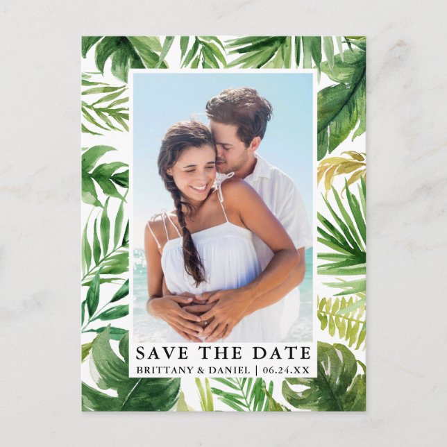 Modernes tropisches Foto Save the Date Postkarte (Vorderseite)