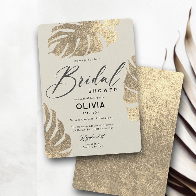 Modernes tropisches Gold-Elegantes Foliage-Brautpa Einladung (tropical bridal shower invitation gold leaf monstera ecru ivory luxury modern elegant boho)
