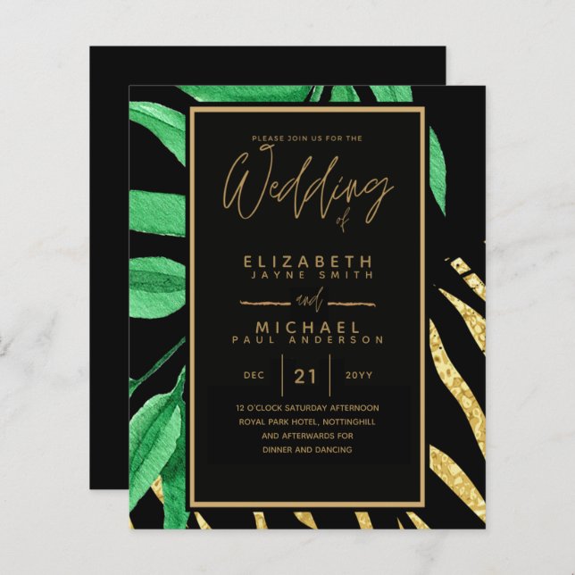 Modernes tropisches Leaf Gold Black Wedding Budget (Vorne/Hinten)