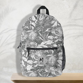 Modernes, tropisches Leaf-Grau-White-Monogramm-Des Bedruckter Rucksack