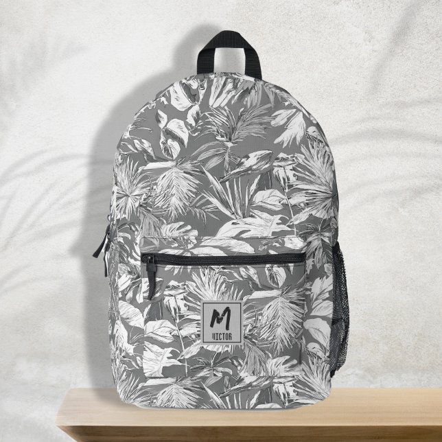 Modernes, tropisches Leaf-Grau-White-Monogramm-Des Bedruckter Rucksack (modern trendy tropical leaf grey white name custom design printed backpack, back to school, travel)