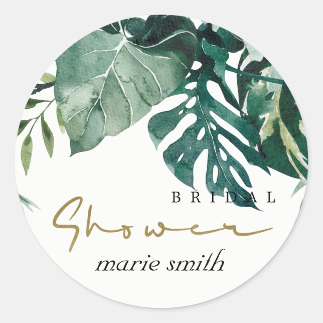 MODERNES TROPISCHES MONSTERA FOLIAGE-BRAUTPARTY RUNDER AUFKLEBER (Vorderseite)