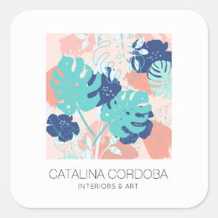 Modernes tropisches Monstera-Leaf-Muster Pfirsich/ Quadratischer Aufkleber